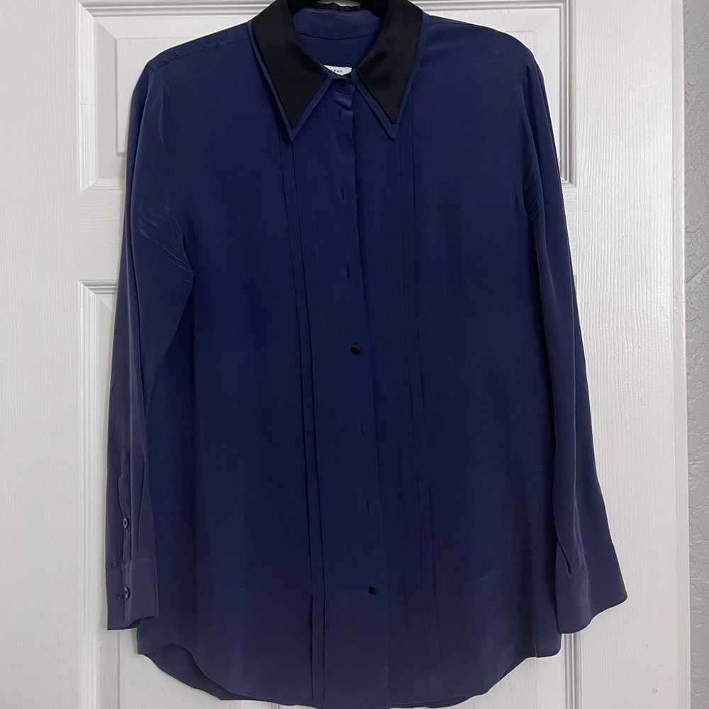 Equipment Blue and Black Blouse with Button-Down Collar